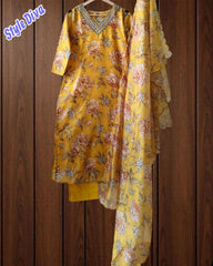 Chanderi Floral Digital Print Kurta Set with Organza Scalloped Dupatta – 3-Piece Fully Stitched Suit