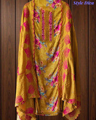 Glazed Cotton Digital Print Mirror Work Unstitched Suit with Cotton Scalloped Dupatta