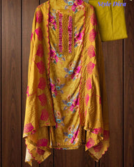 Glazed Cotton Digital Print Mirror Work Unstitched Suit with Cotton Scalloped Dupatta