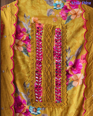 Glazed Cotton Digital Print Mirror Work Unstitched Suit with Cotton Scalloped Dupatta