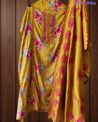 Glazed Cotton Digital Print Mirror Work Unstitched Suit with Cotton Scalloped Dupatta