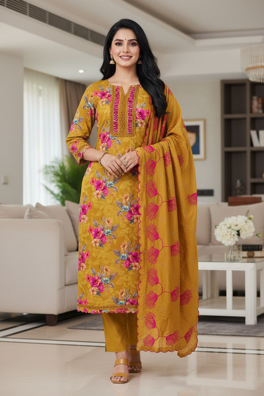 Glazed Cotton Digital Print Mirror Work Unstitched Suit with Cotton Scalloped Dupatta