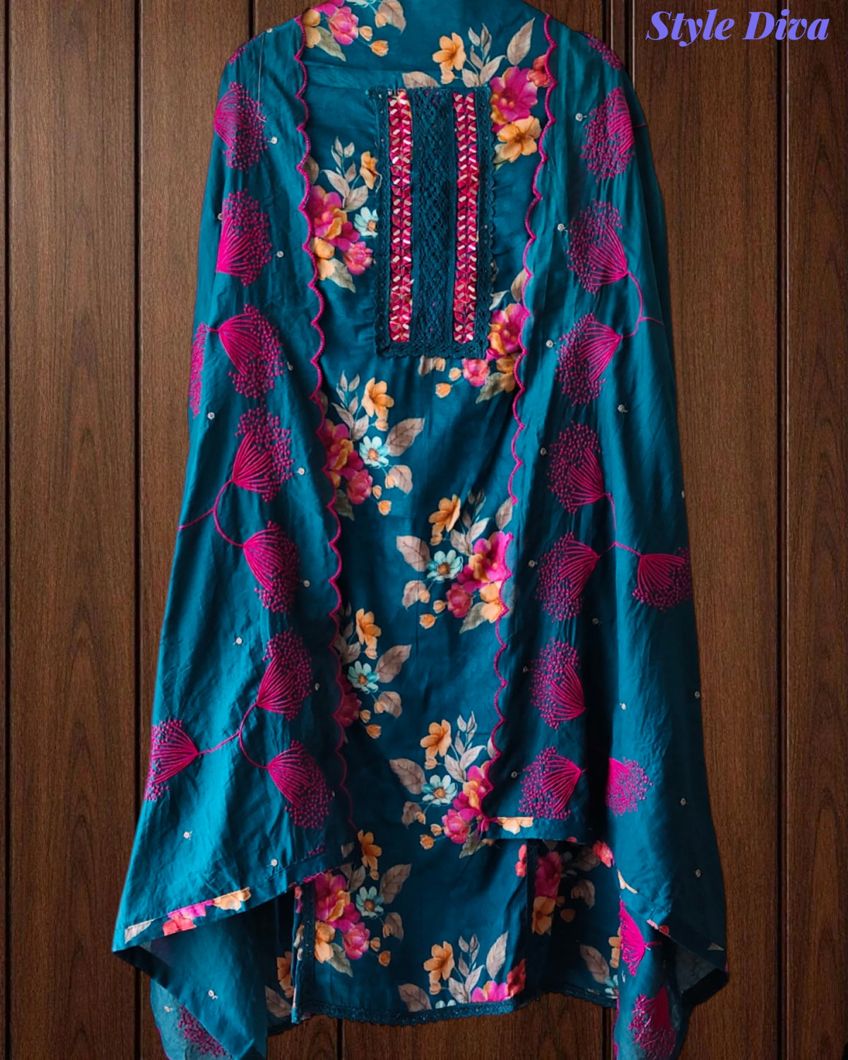 Glazed Cotton Digital Print Mirror Work Unstitched Suit with Cotton Scalloped Dupatta