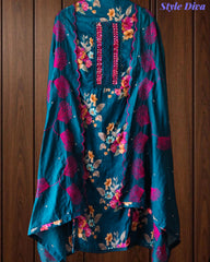 Glazed Cotton Digital Print Mirror Work Unstitched Suit with Cotton Scalloped Dupatta