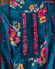Glazed Cotton Digital Print Mirror Work Unstitched Suit with Cotton Scalloped Dupatta