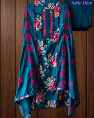 Glazed Cotton Digital Print Mirror Work Unstitched Suit with Cotton Scalloped Dupatta