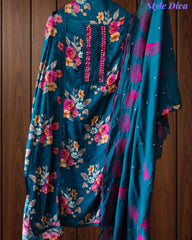 Glazed Cotton Digital Print Mirror Work Unstitched Suit with Cotton Scalloped Dupatta