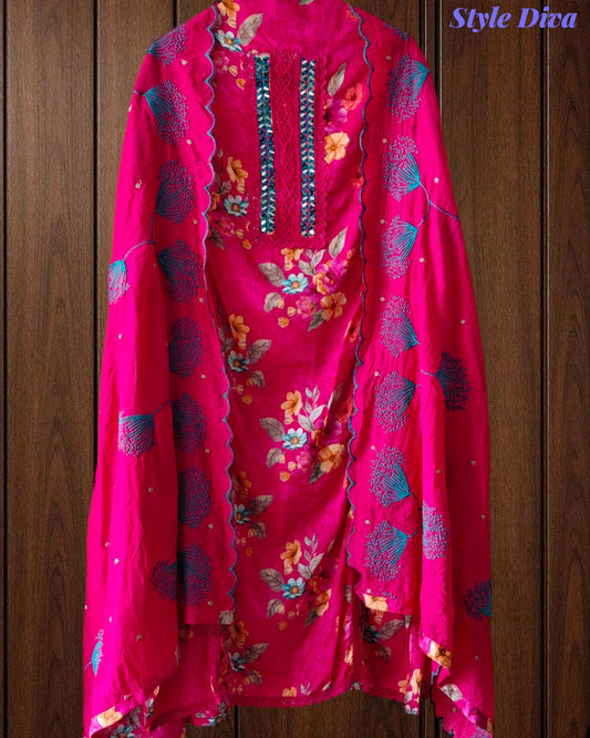 Glazed Cotton Digital Print Mirror Work Unstitched Suit with Cotton Scalloped Dupatta