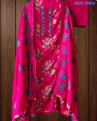 Glazed Cotton Digital Print Mirror Work Unstitched Suit with Cotton Scalloped Dupatta