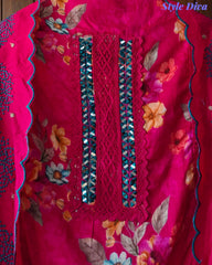 Glazed Cotton Digital Print Mirror Work Unstitched Suit with Cotton Scalloped Dupatta