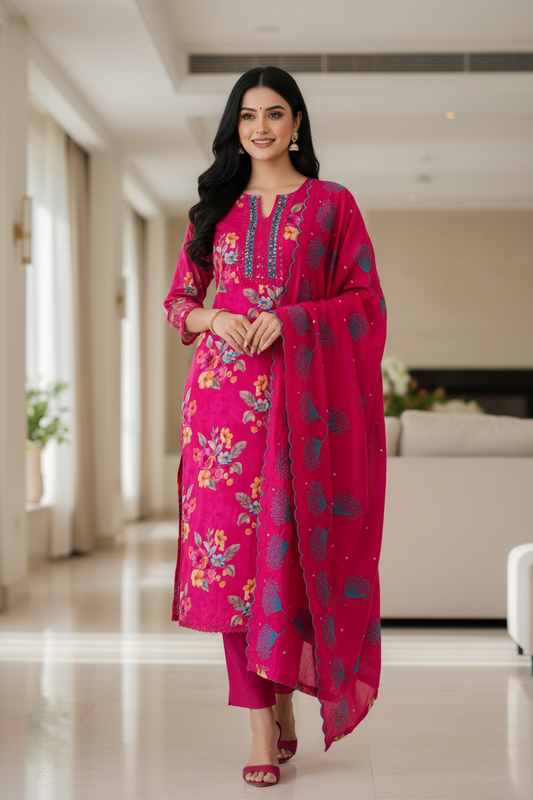 Glazed Cotton Digital Print Mirror Work Unstitched Suit with Cotton Scalloped Dupatta