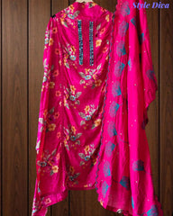 Glazed Cotton Digital Print Mirror Work Unstitched Suit with Cotton Scalloped Dupatta