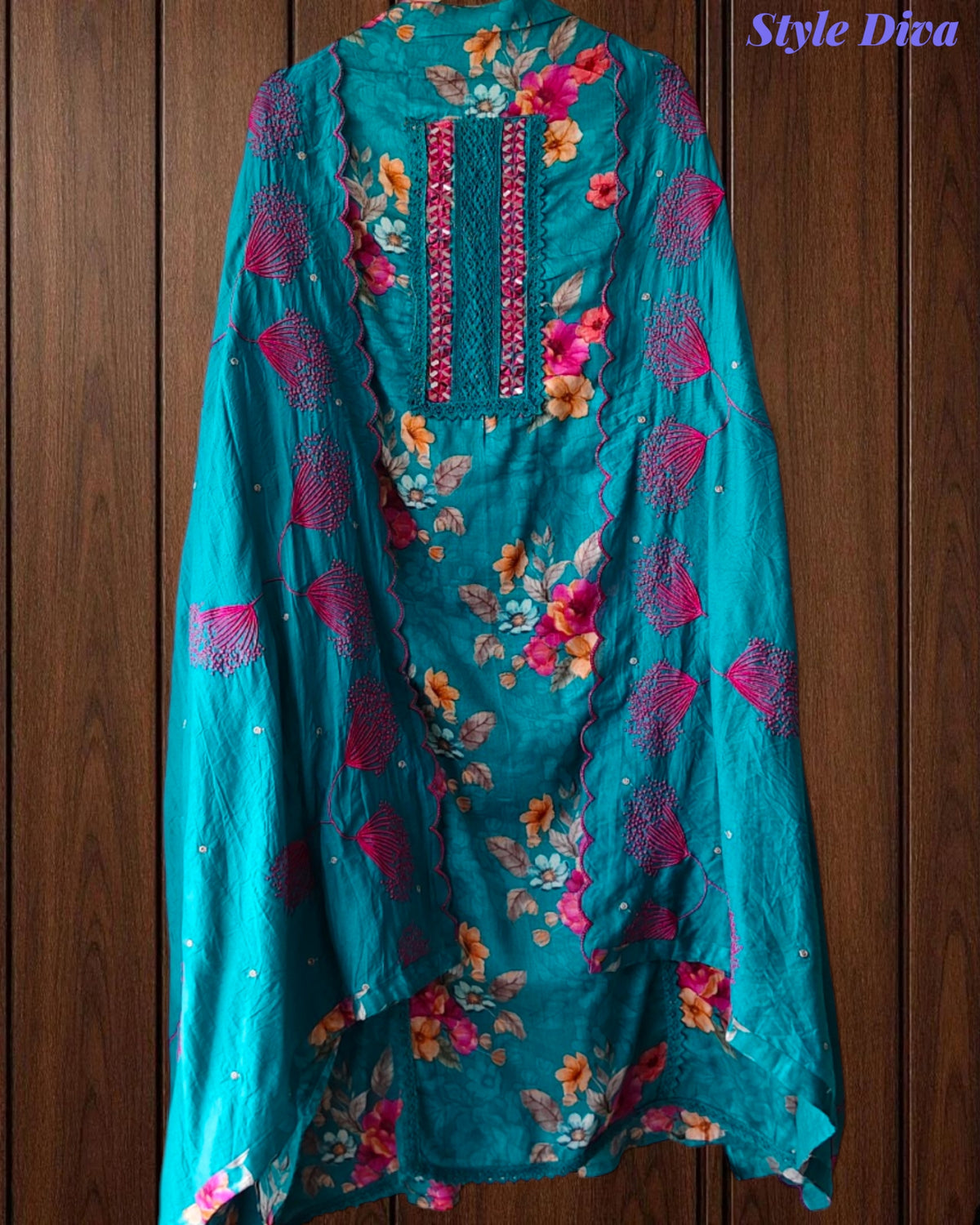 Glazed Cotton Digital Print Mirror Work Unstitched Suit with Cotton Scalloped Dupatta