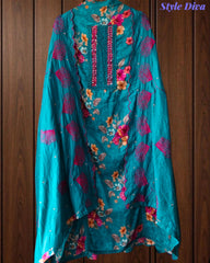 Glazed Cotton Digital Print Mirror Work Unstitched Suit with Cotton Scalloped Dupatta