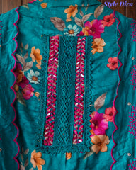 Glazed Cotton Digital Print Mirror Work Unstitched Suit with Cotton Scalloped Dupatta