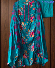 Glazed Cotton Digital Print Mirror Work Unstitched Suit with Cotton Scalloped Dupatta
