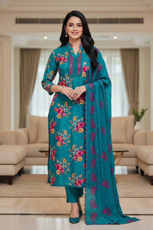 Glazed Cotton Digital Print Mirror Work Unstitched Suit with Cotton Scalloped Dupatta