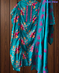 Glazed Cotton Digital Print Mirror Work Unstitched Suit with Cotton Scalloped Dupatta