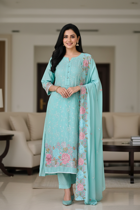 Mul Cotton Parsi Embroidered Unstitched Suit with Scalloped Embroidered Dupatta (3 Pc Set)