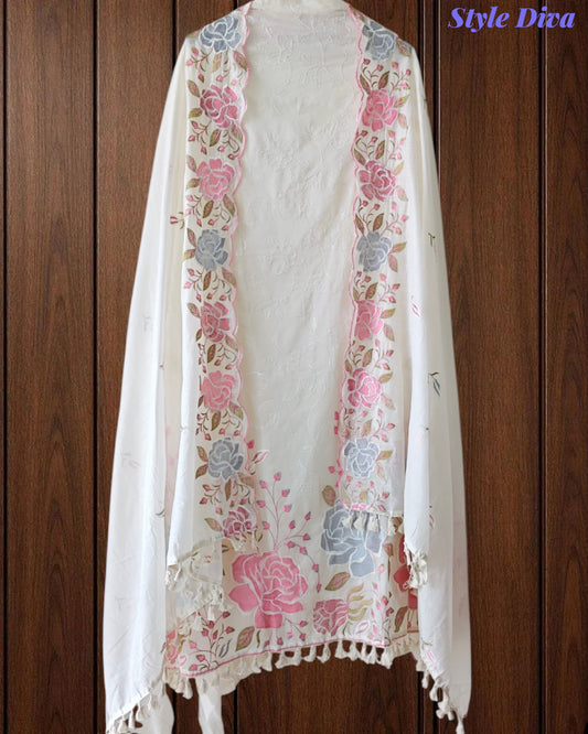 Mul Cotton Parsi Embroidered Unstitched Suit with Scalloped Embroidered Dupatta (3 Pc Set)