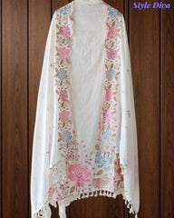 Mul Cotton Parsi Embroidered Unstitched Suit with Scalloped Embroidered Dupatta (3 Pc Set)