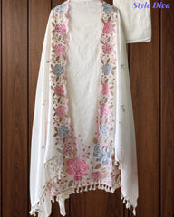 Mul Cotton Parsi Embroidered Unstitched Suit with Scalloped Embroidered Dupatta (3 Pc Set)
