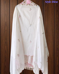 Mul Cotton Parsi Embroidered Unstitched Suit with Scalloped Embroidered Dupatta (3 Pc Set)