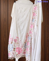 Mul Cotton Parsi Embroidered Unstitched Suit with Scalloped Embroidered Dupatta (3 Pc Set)