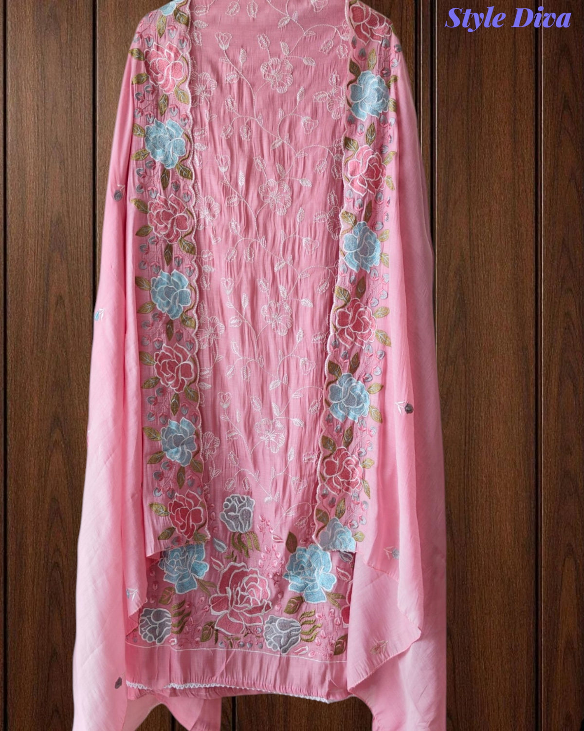 Mul Cotton Parsi Embroidered Unstitched Suit with Scalloped Embroidered Dupatta (3 Pc Set)