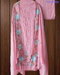 Mul Cotton Parsi Embroidered Unstitched Suit with Scalloped Embroidered Dupatta (3 Pc Set)