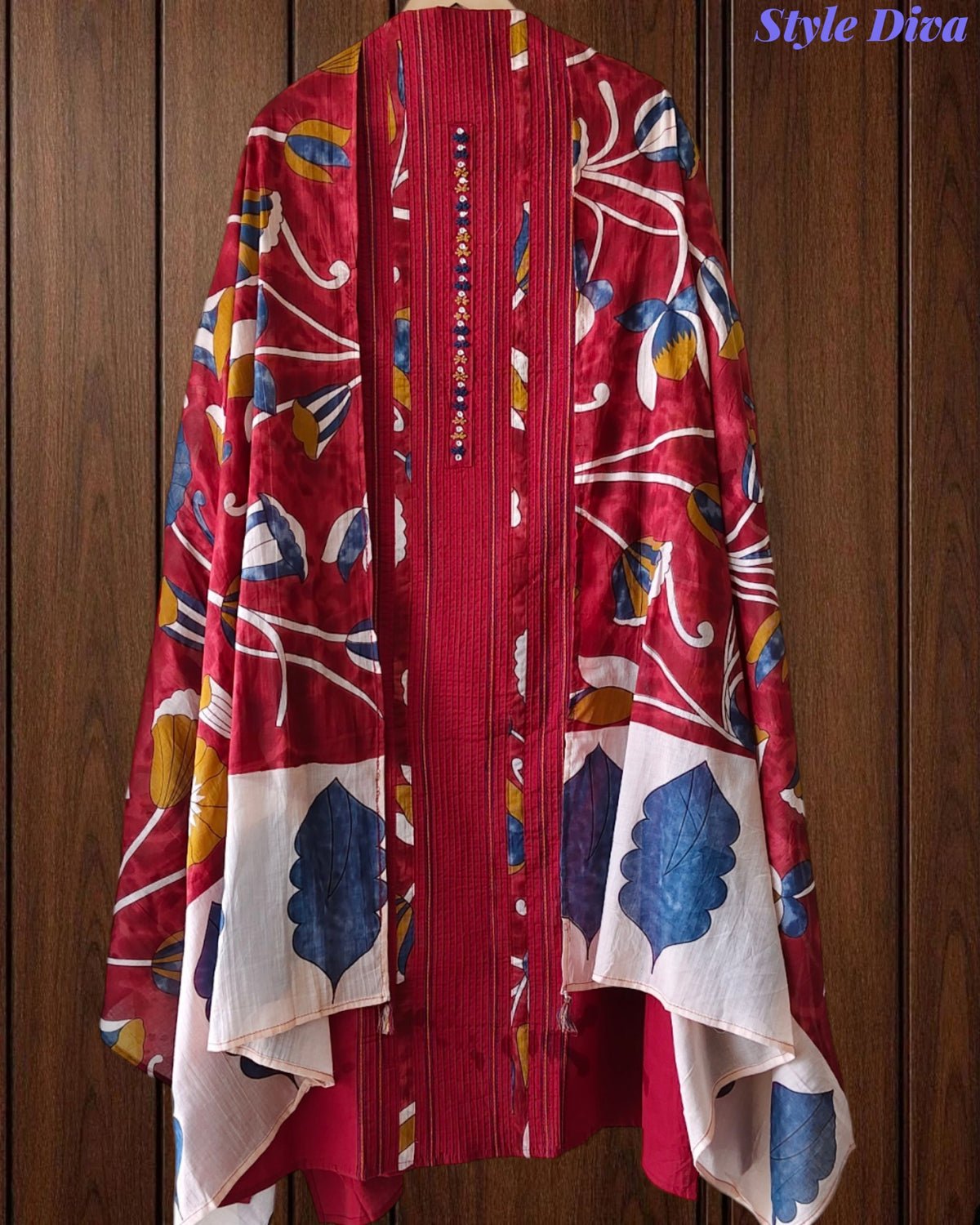 Cotton Kantha Embroidery & Pin-Tucks Unstitched Suit Set with Digital Print Dupatta