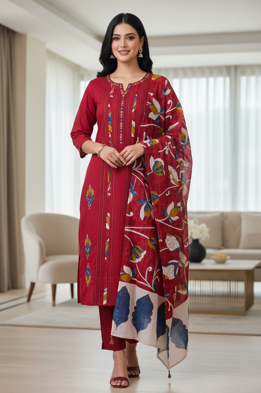 Cotton Kantha Embroidery & Pin-Tucks Unstitched Suit Set with Digital Print Dupatta