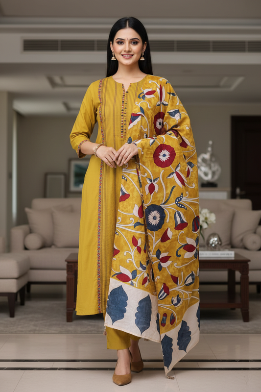 Cotton Kantha Embroidery & Pin-Tucks Unstitched Suit Set with Digital Print Dupatta