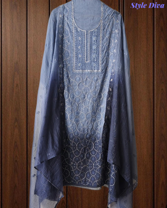 SD1223 - Mul Cotton Unstitched Suit with Ombre Effect, Overall Embroidered Kurta & Matching Dupatta