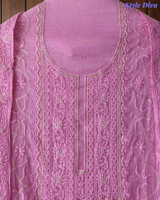 SD1223 - Mul Cotton Unstitched Suit with Ombre Effect, Overall Embroidered Kurta & Matching Dupatta (Copy)