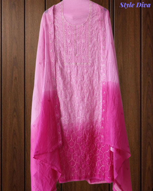 SD1223 - Mul Cotton Unstitched Suit with Ombre Effect, Overall Embroidered Kurta & Matching Dupatta (Copy)