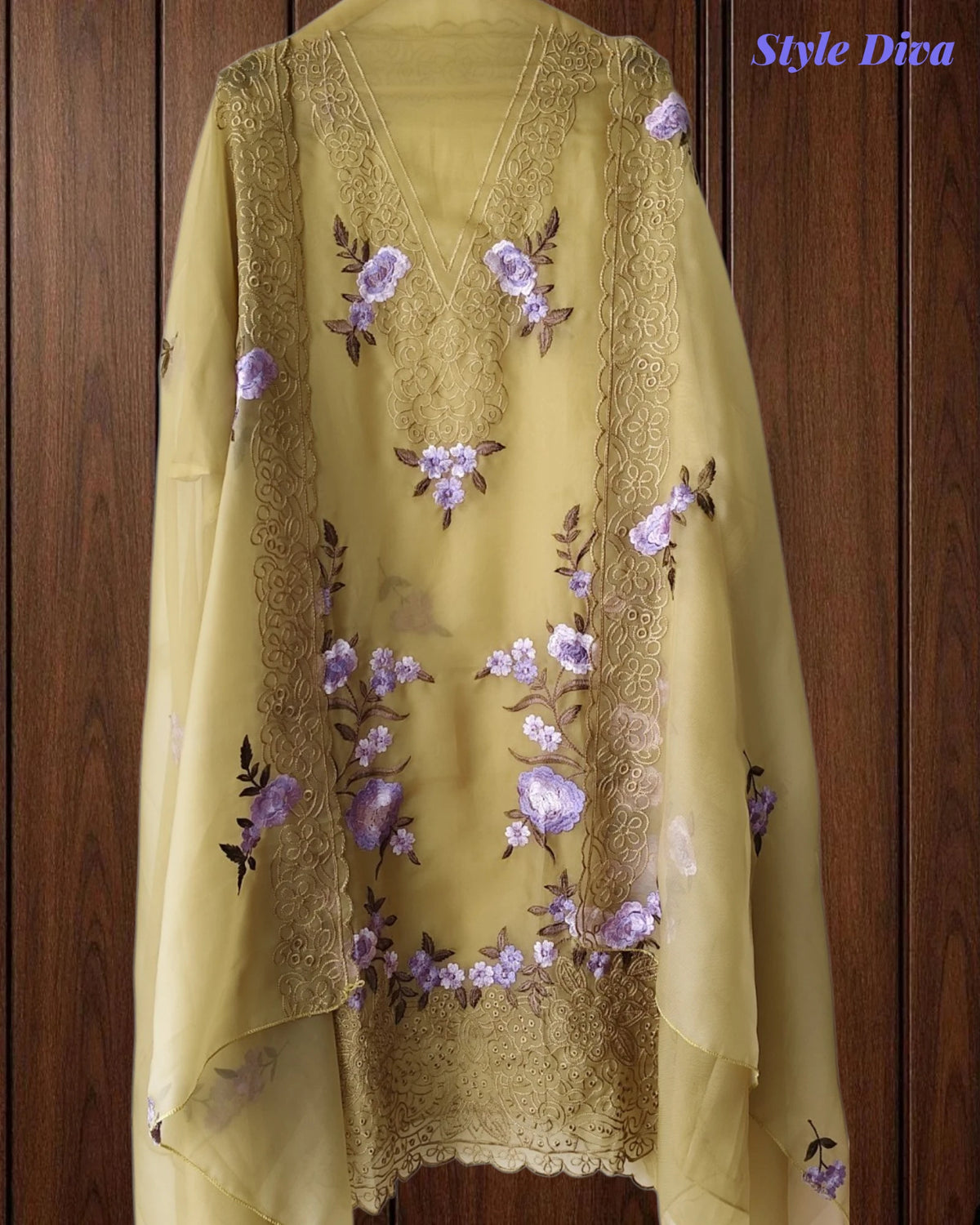 SD1211 -Premium Twill Organza Unstitched Suit Set with Dual Embroidery & Scalloped Dupatta