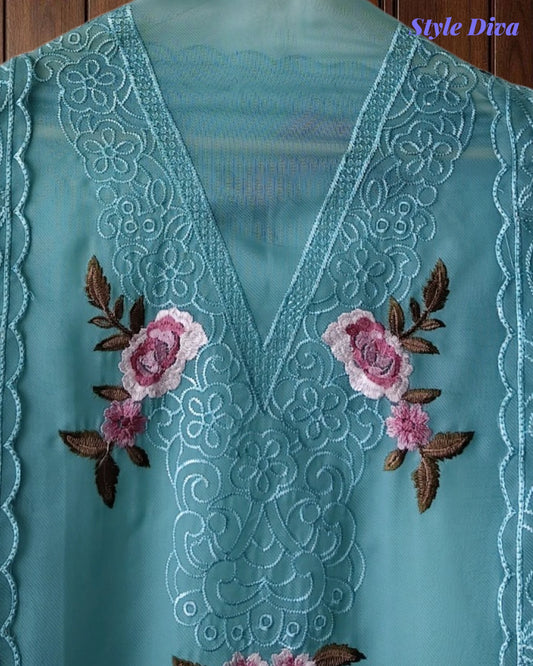 SD1211 -Premium Twill Organza Unstitched Suit Set with Dual Embroidery & Scalloped Dupatta