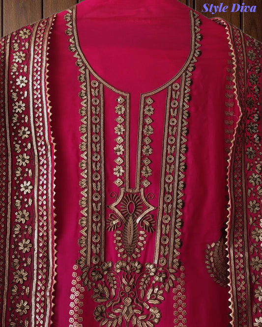 SD1226 -Premium Twill Organza Unstitched Suit Set with Oxidized Sequin Work & Embroidery on Kurta and Dupatta