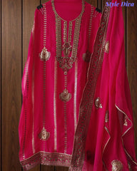 SD1226 -Premium Twill Organza Unstitched Suit Set with Oxidized Sequin Work & Embroidery on Kurta and Dupatta