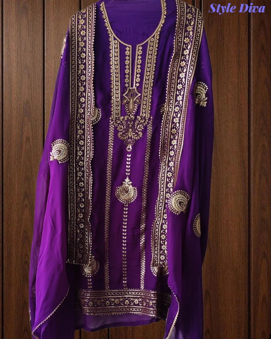 SD1226 -Premium Twill Organza Unstitched Suit Set with Oxidized Sequin Work & Embroidery on Kurta and Dupatta