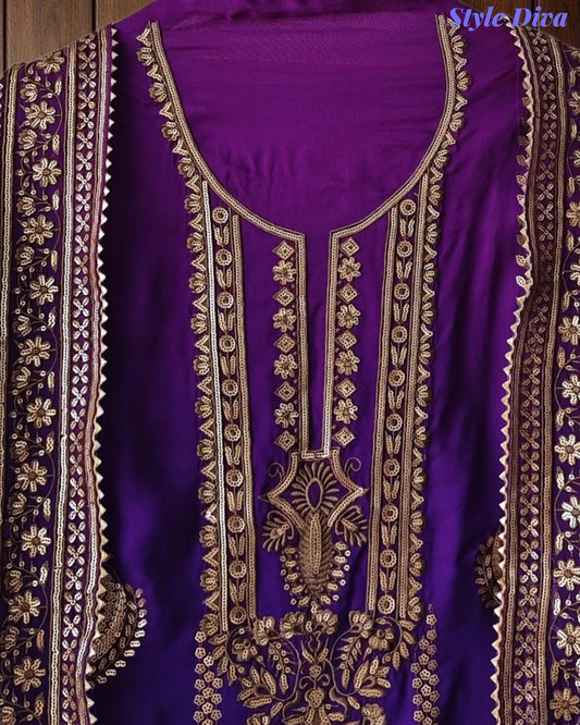 SD1226 -Premium Twill Organza Unstitched Suit Set with Oxidized Sequin Work & Embroidery on Kurta and Dupatta