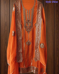 SD1226 -Premium Twill Organza Unstitched Suit Set with Oxidized Sequin Work & Embroidery on Kurta and Dupatta