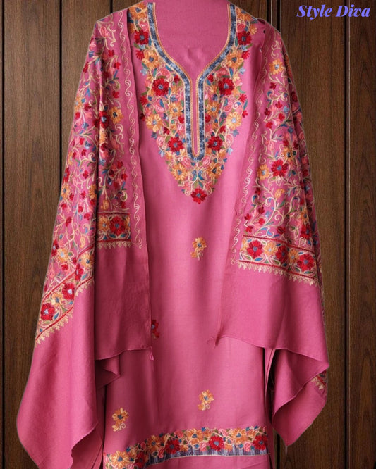 SD1238 - Winter Wear - Timeless Kashmiri Embroidered Pashmina Un-Stitched Suit