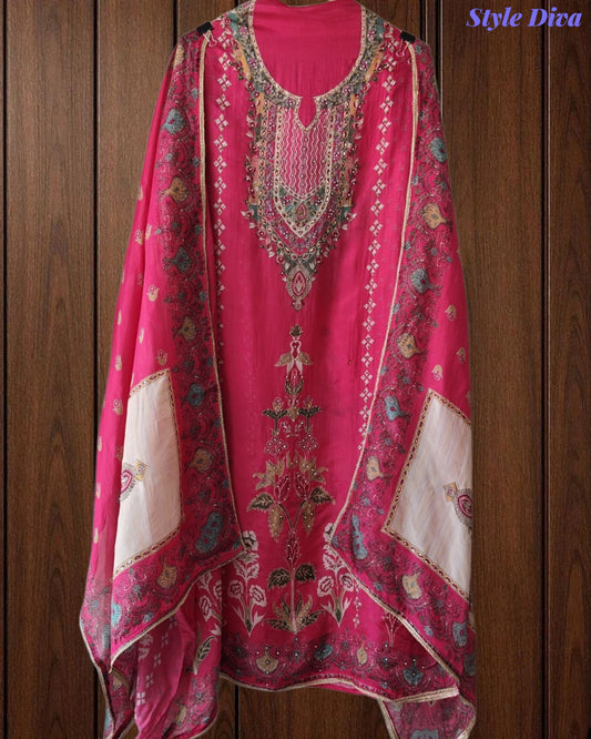 SD1232 - Crepe Unstitched Suit with Swarovski Highlighting, Digital Printed Kurta & Matching Border Dupatta
