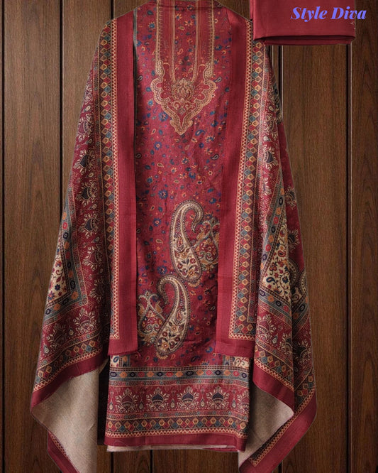 SD1236 - Winter Wear-Pashmina Unstitched Suit with Floral Digital Print, Highlighted Kurta and  Matching Dupatta