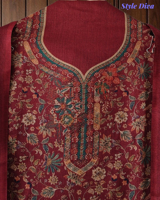 SD1236 - Winter Wear-Pashmina Unstitched Suit with Floral Digital Print, Highlighted Kurta and  Matching Dupatta