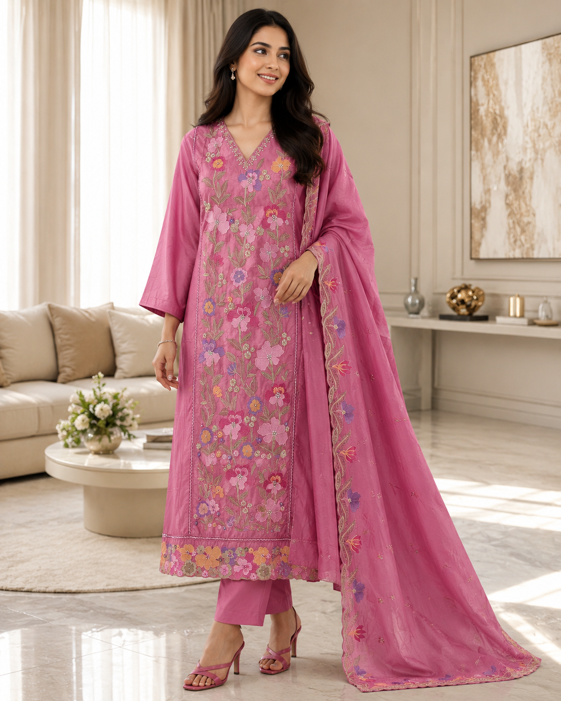 Pure Cotton Thread Embroidered Unstitched Suit with Mul Cotton Scalloped Embroidered Dupatta