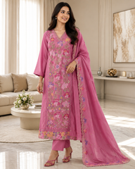 Pure Cotton Thread Embroidered Unstitched Suit with Mul Cotton Scalloped Embroidered Dupatta