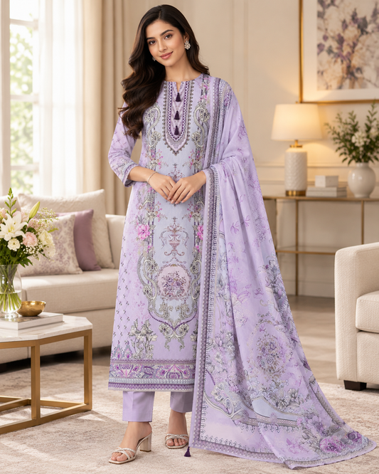 SD1144 - Cotton Digital Printed Unstitched Suit Set with Pearl Highlighting